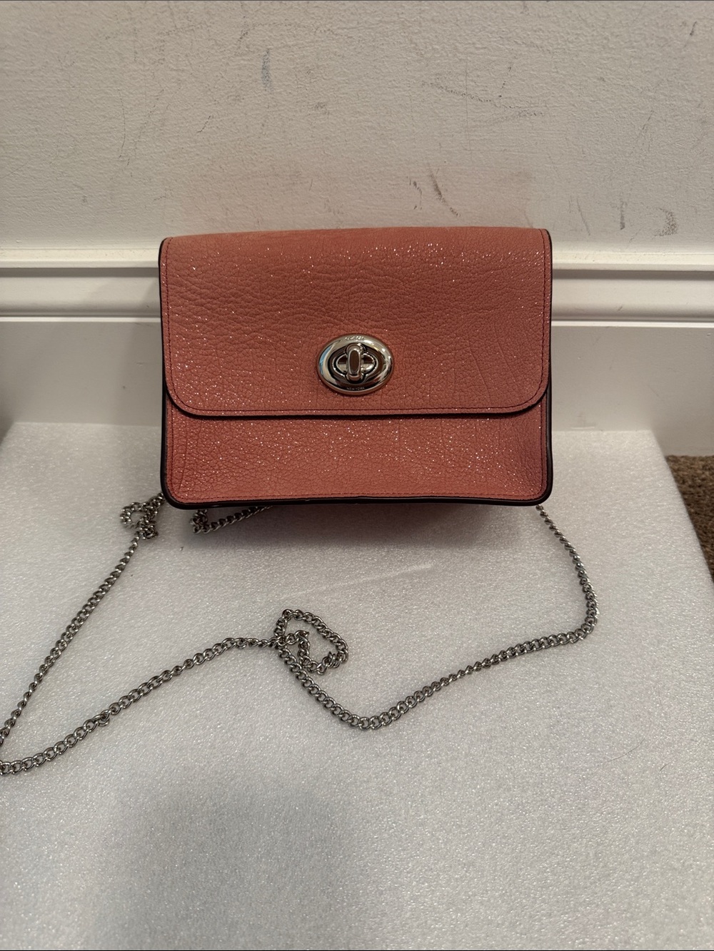 Coach Bowery pink sparkly crossbody bag purse 12092 metal hangtag